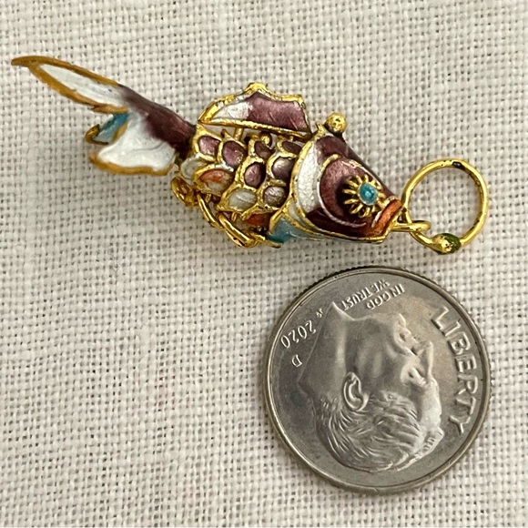 Cloisonné Wiggly Fish Pendant/Charm gold brown turquoise - Picture 13 of 13